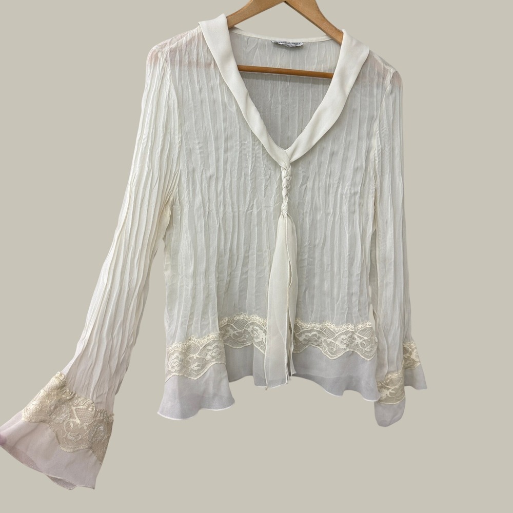 Michele Michelle Cream Lace Trim Braided Tie Pleated Bell Sleeve Top Ren Faire